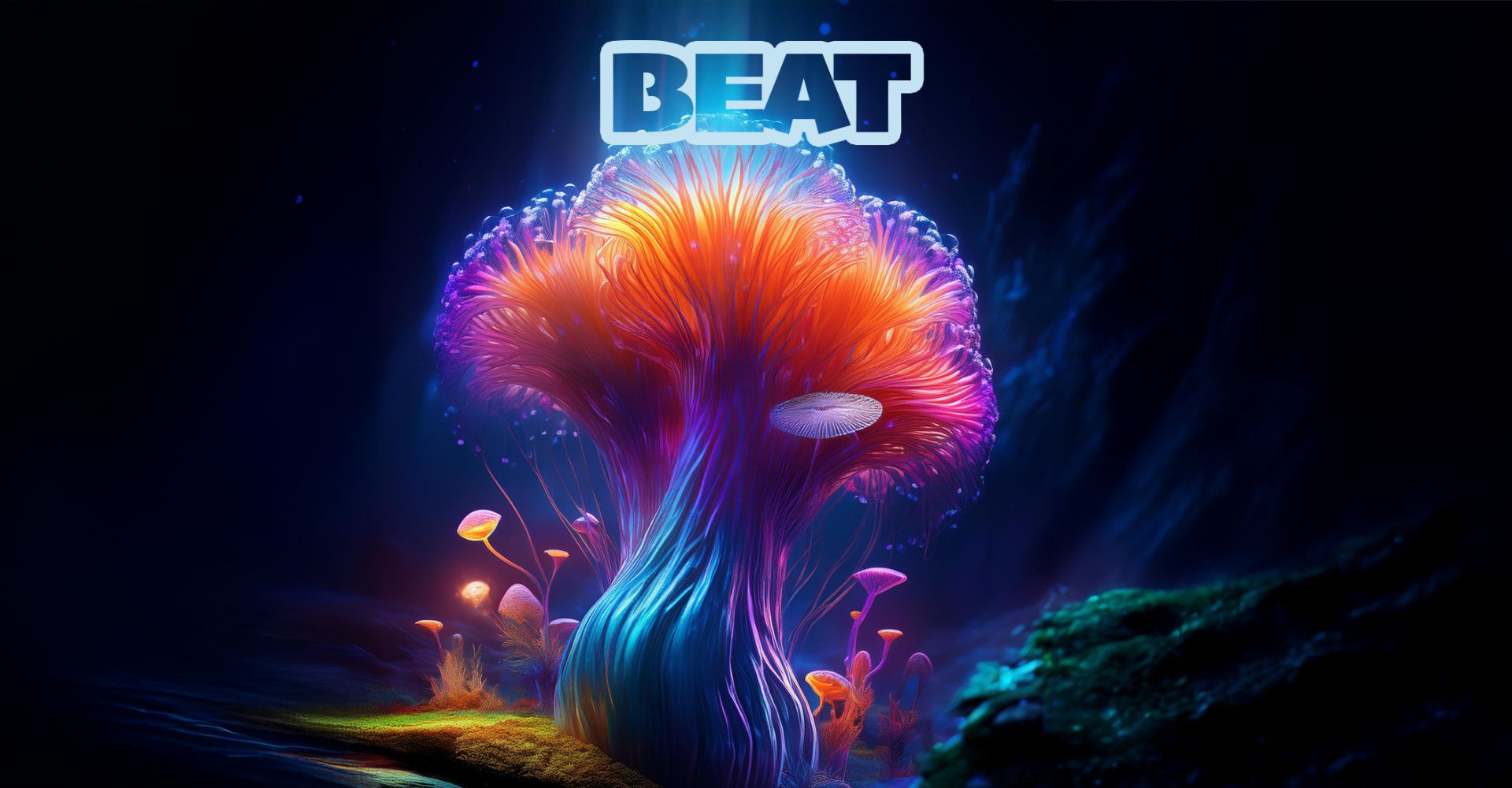 Colorful mushroom-like creature with 'BEAT' text in a dark fantasy setting